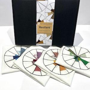 May include: A black box with a decorative band featuring geometric patterns and text that reads "Resilient Cryptic Embroidery Kit." Below the box are five white fabric squares, each with a segmented circle design in various colours, including blue, purple, and green.