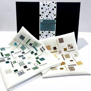 Peut inclure: Une boîte noire avec une bande décorative à motifs géométriques et le texte « Le vrai signe de l'intelligence n'est pas la connaissance mais l'imagination ». Deux carrés de tissu blanc avec des broderies géométriques.