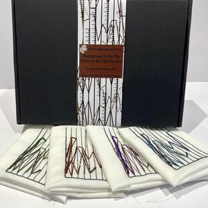 Peut inclure: Une boîte noire avec une bande décorative et un ensemble de tissus brodés blancs. La bande porte le texte "The Codification of Stitch, Happiness Is Not By Chance But By Choice, Cryptic Embroidery Kit". Les tissus ont des motifs brodés colorés.
