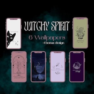 May include: A digital collection of six smartphone wallpapers plus one bonus design titled Witchy Spirit. The designs feature various illustrations including a black cat, mushrooms, a witch hat, a crescent moon, and stars on different colored backgrounds.