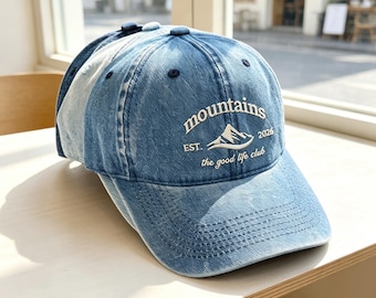 Boné de beisebol personalizado em jeans, boné com texto bordado, logotipo personalizado, boné vintage lavado bordado, boné estilo "dad hat" personalizado, boné jeans com letras em relevo