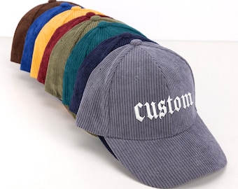 Boné personalizado com bordado de texto/logotipo, Boné de veludo cotelê, Boné de veludo cotelê personalizado, Bonés personalizados, Costas ou laterais, Boné personalizado