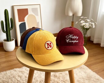 Boné de veludo cotelê personalizado, boné unissex, boné de beisebol de veludo cotelê feito à mão para homens e mulheres, bonés de festa, boné de beisebol, boné de beisebol personalizado.