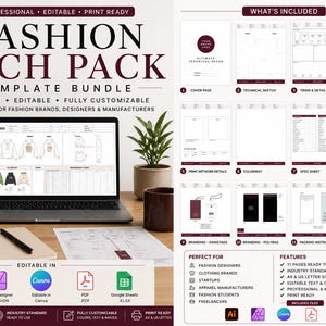 May include: A digital fashion tech pack template bundle featuring 11 editable pages for designers and manufacturers. The layout includes a cover page, technical sketches, trim lists, colorways, spec sheets, branding labels, hangtags, and packing instructions.