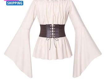 Womens Renaissance Peasant Blouse Boho Pirate Ruffle Shirt With Belt