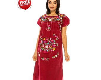 Mexican Embroidered Dress Casual Women Bohemian Traditional Maxi