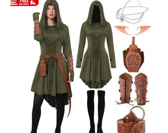 Renaissance Costume Women Medieval Hooded Dress Ren Faire Fantasy Outfit