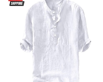 Mens Linen Henley Shirt Beach Wear Regular Fit Hippie Style
