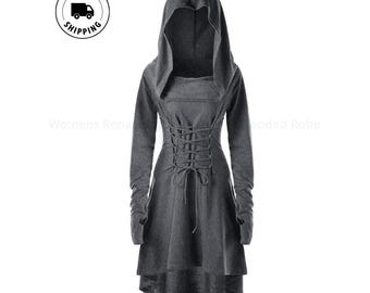 Women Renaissance Hooded Robe Lace Up High Low Dress
