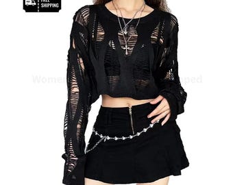 Women’s Sheer Ripped Crop Top Knit Short Sweater Pullover