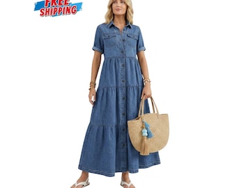 Womens Vintage Denim Maxi Dress Button Down Tiered Flowy Shirt Dress