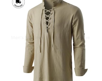 Men Medieval Lace Up Shirt Renaissance Viking Pirate Cosplay Costume