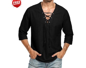 Mens Cotton Linen Hippie Shirt Beach Yoga Summer V Neck Lace Up Top