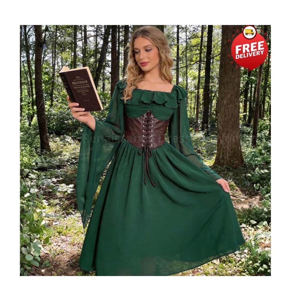 green ren faire dress Renaissance Medieval Women Woodland Fairy Costume Corset HIDE2026