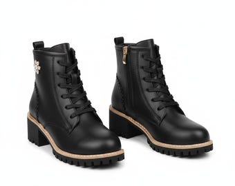 Chunky Sole Ankle Boots, Lace Up Side Zip Combat Booties, Fleece Lined Winter Platform