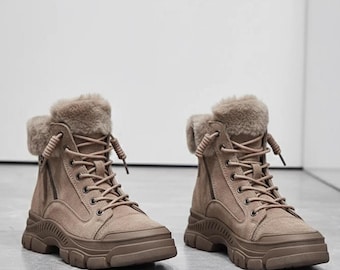 Schneestiefel für Damen aus echtem Leder, mit Plüsch gefütterte rutschfeste Winterschuhe