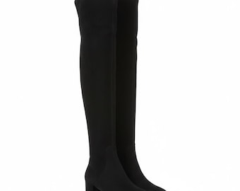 Damstövlar med överknee, vinterstövlar i mocka med mellanhög klack, rund tå, moderiktiga stövlar.