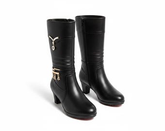 Women Comfortable Fleece Medium Boots Autumn Winter New Style Thick Heel Side Zipper Point
