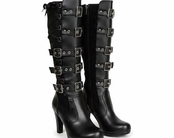 Gothic Mid Calf Boots for Women, Lace Up Chunky High Heel Boots, Bow Knot