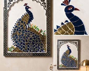 Large Peacock Thikri Mirror Inlay Panel, Patina Blue Gold Rajasthani Wall Art