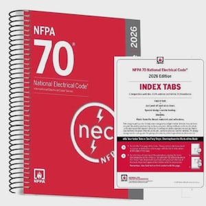May include: A red spiral-bound book titled "NFPA 70 National Electrical Code 2026 Edition" with the number 70 in large white font. A white index tab sheet is next to the book, with text and instructions.