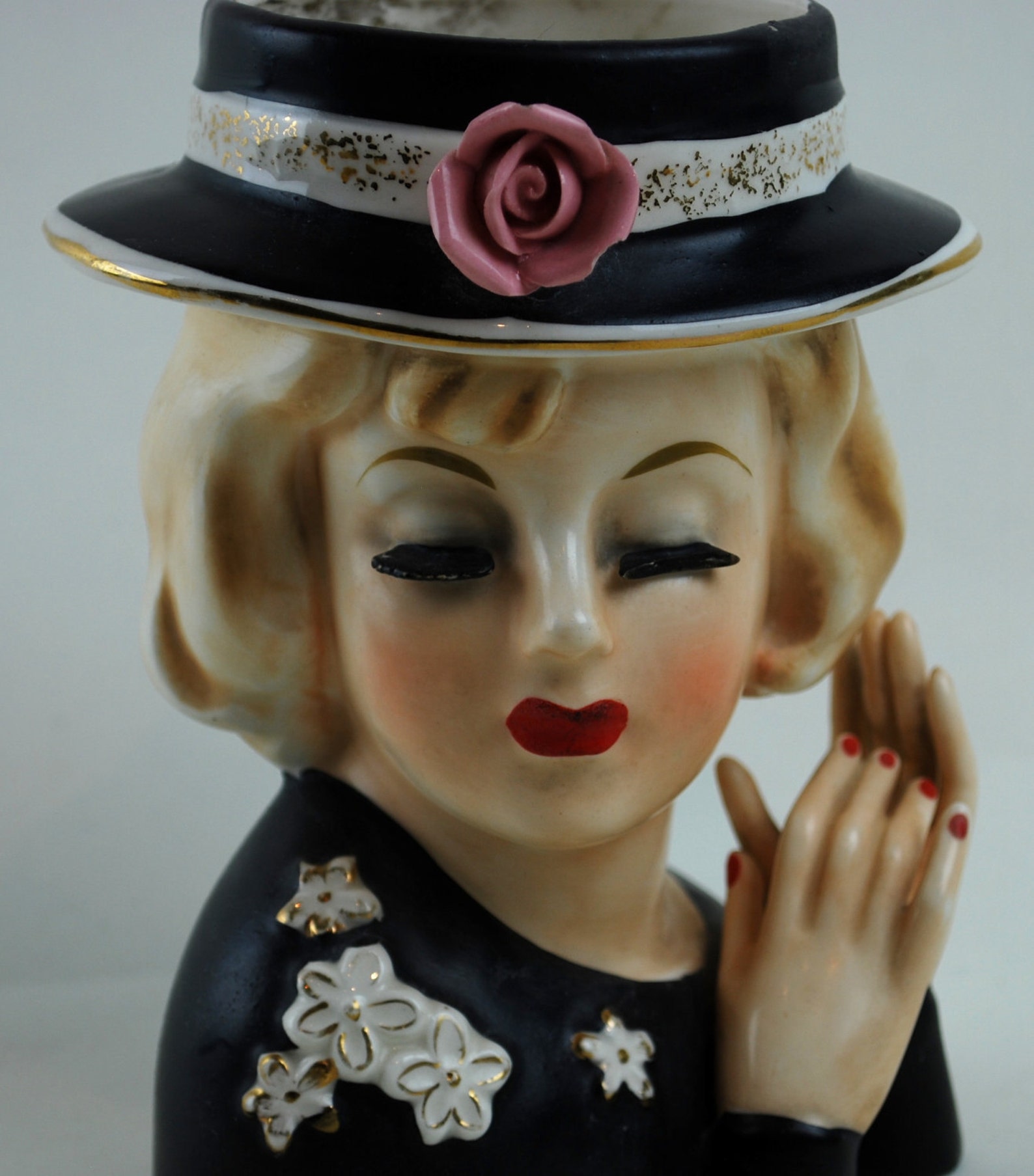 Lady Head Vase with Rare Two Hands Hat Rose and Flowers. Etsy