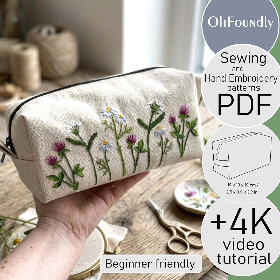 Basic Boxy Pouch Sewing Pattern With Hand Embroidery Pattern PDF, Easy ...