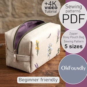 Basic Boxy Pouch Sewing Pattern PDF, Zipper Pouch mini bag PDF, 5 Sizes, Easy for Beginner, Makeup bag pattern, Classic Boxy Pouch PDF