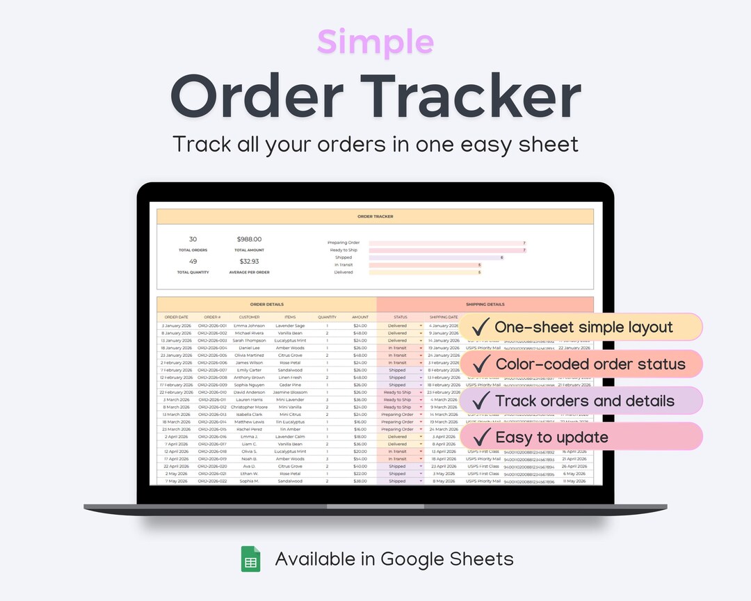 Order Tracker Spreadsheet for Google Sheets | Simple One-sheet Order ...