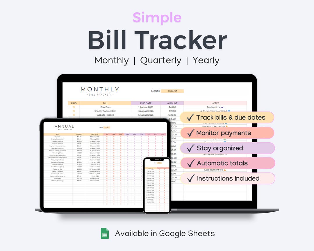 Bill Tracker Spreadsheet for Google Sheets | Bill Organizer, Payment ...