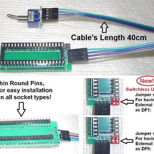 May include: Electronic components including a green circuit board with thin round pins, a toggle switch, and a cable measuring 40cm. Text indicates switchless usage and jumper settings for external drives.