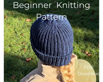 Easy Ribbed Beanie Knitting Pattern – Beginner Bottom Up Hat – DK Weight – Instant PDF Download