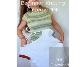 May include: A person holding two knitted tops. One is white with a red and brown trim, and the other is green, gray, and white striped. The text "Beginner Knitting Patterns PDF" and "PDF Download" are visible.