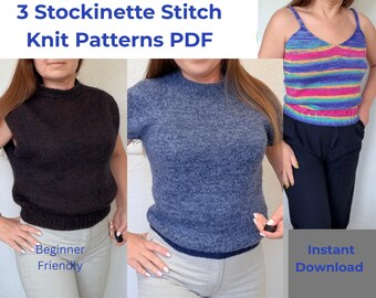 Beginner Stockinette Knit Patterns Bundle | Vest, T-Shirt, Tube Top (PDF Download)