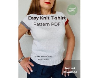May include: A white knit T-shirt with gray and red accents on the sleeves. The image includes the text "Easy Knit T-shirt Pattern PDF" and "Make Your Own Cozy T-shirt." A green circle says "Beginner Friendly" and "Instant Download."