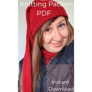 May include: A bright red long-tailed knit hat with a ribbed cuff. The text Knitting Pattern PDF is printed at the top, and the text Instant Download is printed at the bottom. The hat is made of a solid red yarn with a visible knit texture.