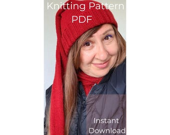 May include: A bright red long-tailed knit hat with a ribbed cuff. The text Knitting Pattern PDF is printed at the top, and the text Instant Download is printed at the bottom. The hat is made of a solid red yarn with a visible knit texture.