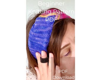 May include: A knitted headband featuring a variegated color palette of blue, purple, pink, and yellow. The text "Beginner Knitting Pattern PDF" and "PDF Download" is overlaid on the image. The headband is worn around the head.