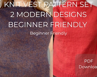 May include: Image of two knitted vests. The left vest is a dark brown with blue flecks, and the right vest is a vibrant red. Text overlay reads "KNIT VEST PATTERN SET", "2 MODERN DESIGNS", and "BEGINNER FRIENDLY". The right side also says "PDF Download".