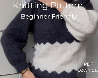 May include: A knitted sweater with a navy blue and white design. The sweater has a zig-zag pattern at the waist and white sleeves. Text on the image reads "Knitting Pattern Beginner Friendly PDF Download."
