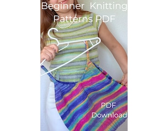 May include: A woman holding a white hanger with two knitted tops. One top is green and white striped, and the other is a colorful striped tank top with blue, pink, and yellow hues. Text on the image reads "Beginner Knitting Patterns PDF Download."