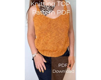 May include: A mustard yellow sleeveless knitted top with a V-neckline and wide straps. The image features white text overlay that reads Knitting TOP Pattern PDF and PDF Download. The top has a textured knit stitch and a ribbed hemline.