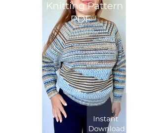 May include: A long-sleeved knitted sweater featuring a high neck and a multi-colored horizontal striped pattern in shades of blue, tan, and white. The text Knitting Pattern PDF and Instant Download is overlaid on the image of the garment.