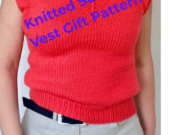 May include: A sleeveless, coral-red knitted vest with a V-neck. The vest has a ribbed hem and is paired with light gray pants and a black belt. Text on the vest reads "Knitted Summer Vest Gift Pattern".