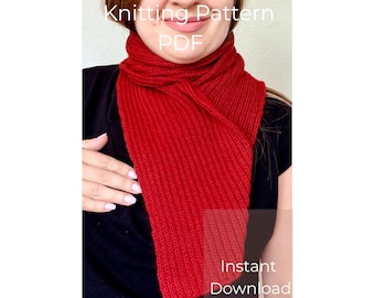 May include: A bright red knitted scarf featuring a vertical ribbed texture. The scarf is wrapped around the neck. The image includes the white text Knitting Pattern PDF and Instant Download, indicating this is a digital file for a knitting project.