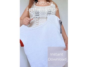 May include: A white knitted top with red and gray accents on the sleeves is held up on a hanger. The text "Knitting Patterns PDF" is at the top, and "Instant Download" is at the bottom.
