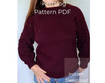 May include: A burgundy knitted sweater with a crew neck and long sleeves. The sleeves have a textured pattern. The words "Knitting Pattern PDF" and "Instant Download" are visible in white text.