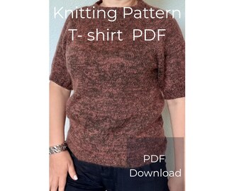 May include: A short-sleeved, brown and black knitted T-shirt. The image includes the text "Knitting Pattern T-shirt PDF Download". The shirt has a crew neck and is made of a textured yarn.