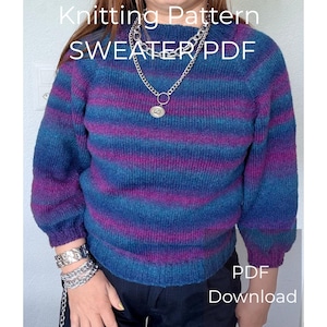 Sömlös raglantröja stickmönster – Tröja i brokigt garn – Storlekar XS–2XL Nybörjare PDF