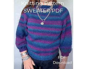 May include: A knitted sweater with horizontal stripes in shades of blue and purple. The sweater has long sleeves and a round neckline. The text "Knitting Pattern SWEATER/PDF PDF Download" is visible in the image.